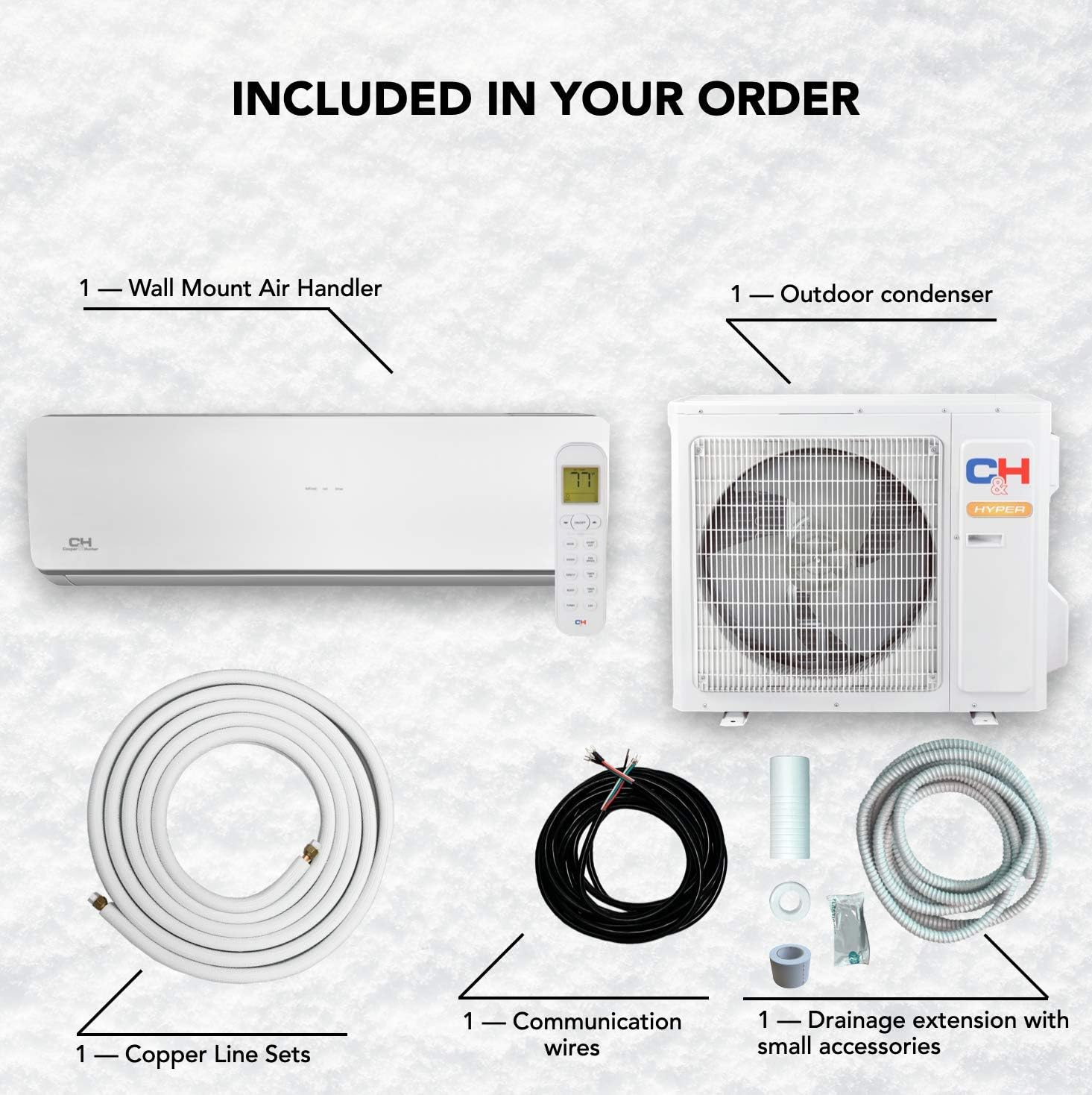 Hyper Heat 9,000 BTU, 25 SEER Ductless Mini-Split Air Conditioners -22F Heat Pump with 16FT Copper Line Set and Communication Wires