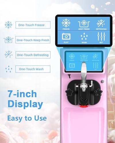 Commercial Ice Cream Maker Mchine, 7 Inch LCD Touch Screen 4.2 to 4.7 Gal/H Soft Serve Machine with Pre-cooling frequency conversion,1050W Soft Serve Ice Cream Machine With 1.6 Gal Tank