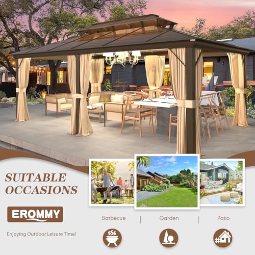 EROMMY 10' x 12' Hardtop Gazebo, Aluminum Frame Gazebos with Galvanized Steel Double Roof, Permanent Outdoor Metal Pavilion with Curtain and Netting for Patio, Lawn, Deck