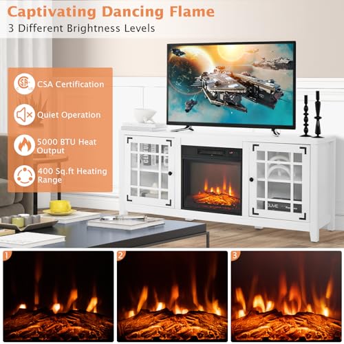 GOFLAME 58" Fireplace TV Stand for TVs up to 65 Inches, Wooden TV Console with 18” Electric Fireplace Insert, Fireplace TV Cabinet, Entertainment Center with Remote Control, Adjustable Shelves, White