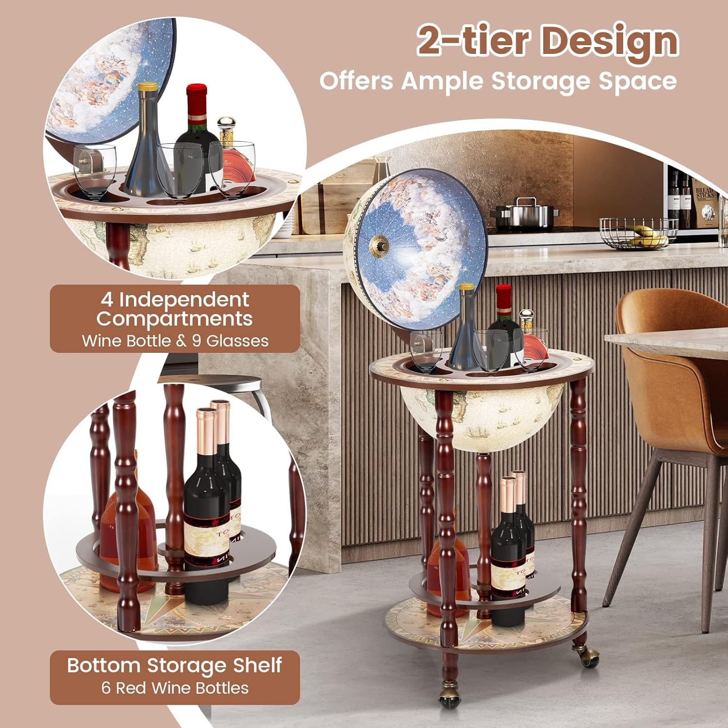 Globe Bar, Wood Globe Wine Bar Stand, 16th Century Italian Rack Liquor Bottle Shelf, Replica Globe Bar Liquor Cabinet w/Wheels, Globe Bar Cart for Wine Spirits Beverage Stemware(Creamy White)
