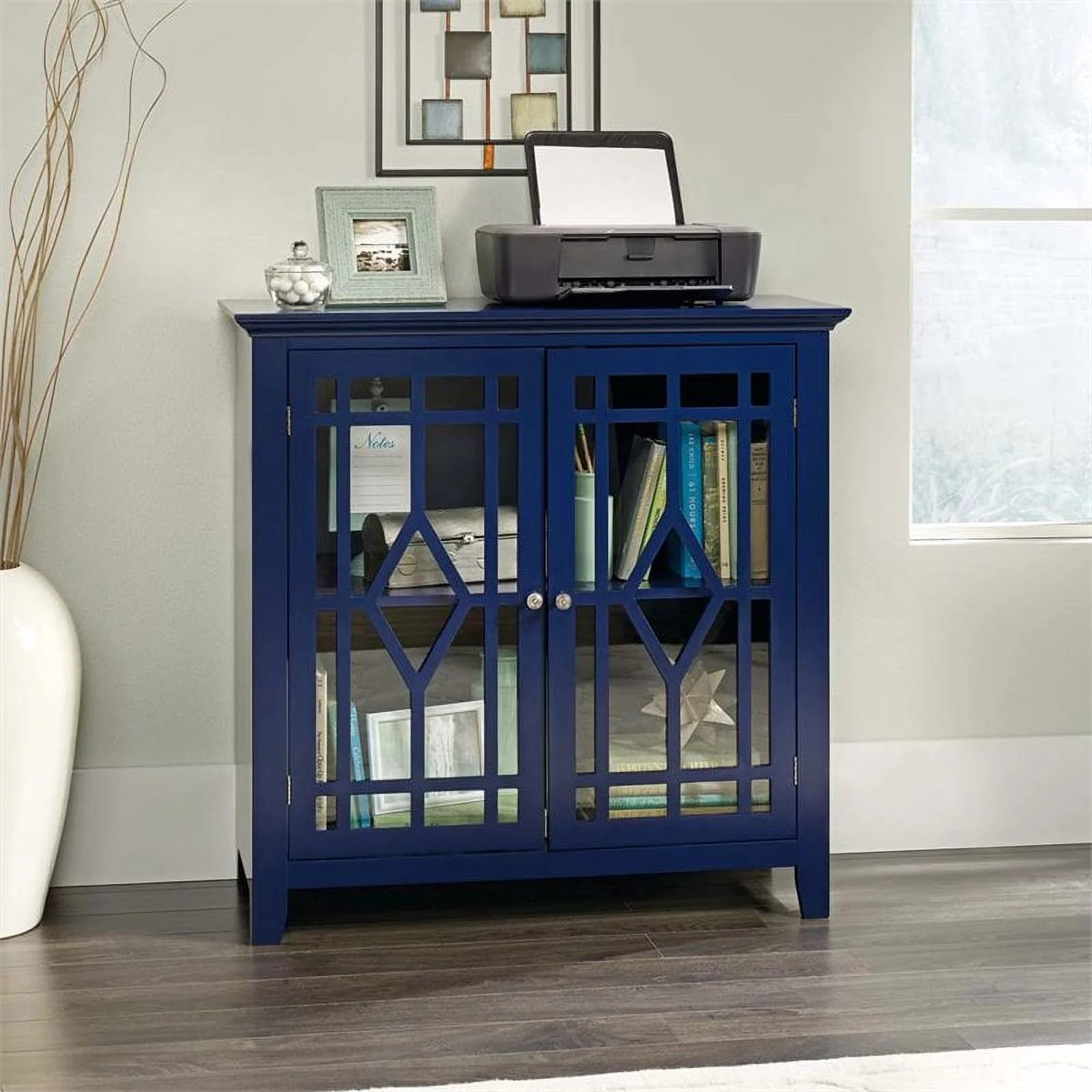 Home Square 2 Piece Geometric Glass Door Accent Curio Cabinet Set in Indigo Blue