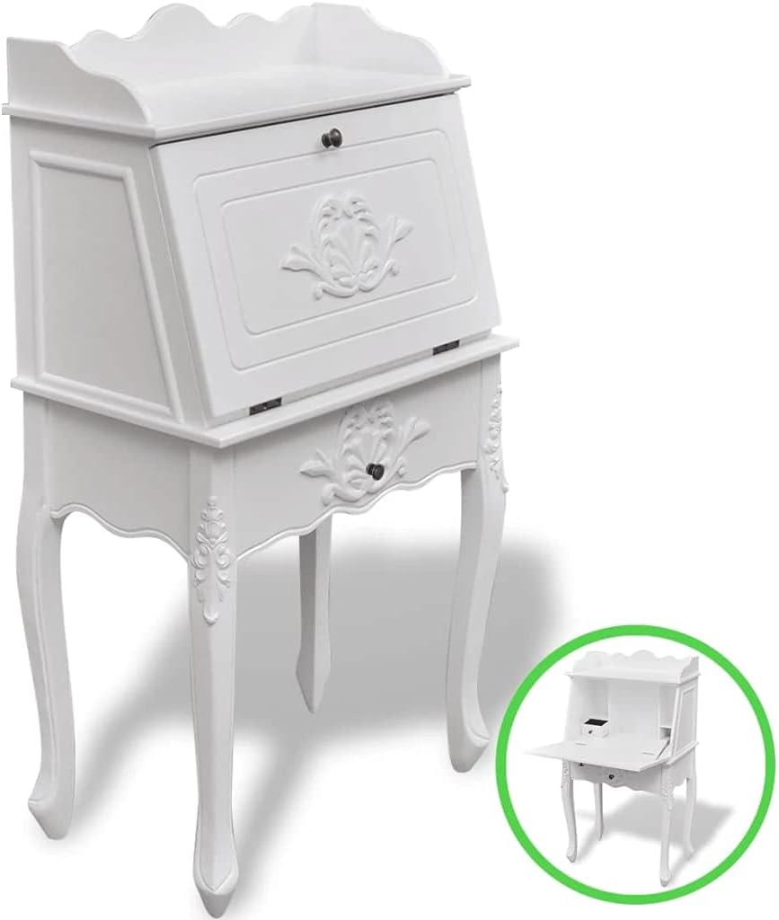 vidaXL Wooden Secretary Desk Vintage Storage French Style White Carved Writing