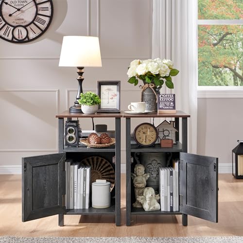 Farmhouse Nightstand Set of 2, End Table with Charging Station, Rustic Side Table w/Barn Door & Open Shelves, Bedside Table w/Storage Space and Storage Cabinet for Bedroom, Living Room (White)