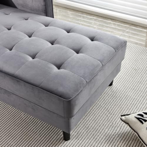 Velvet Chaise Lounge Chair, Modern Upholstered Velvet Chaise with Tufted Cushion, Sofa Recliner Lounge Chair with Adjustable Armrest and Pillows, Sleeper Chair for Living Room, Bedroom Office, Gray