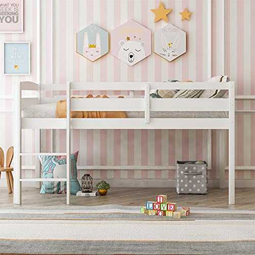 Bellemve Low Loft Bed Twin Size Wooden Loft Bed Frame with Ladder Compatible with Girls Boys Teens, White,bed frame