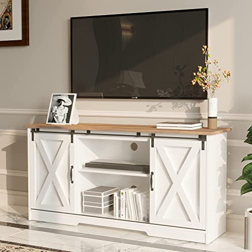 4 EVER WINNER Farmhouse TV Stand with Sliding Barn Doors, Espresso Entertainment Center for 65 Inch TV with Storage Cabinet, Classic Media Console for TV Up to 65 Inch TV Furniture for Living Room