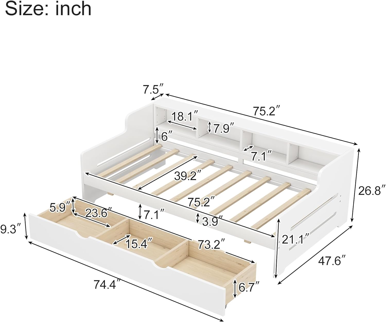 Size Daybed With Storage, Wood Daybed With Drawers & Bookcase Headboard For Kids Tees, Platform Bed With 3-I-1 Drawer For Livig Room Guest Room, White