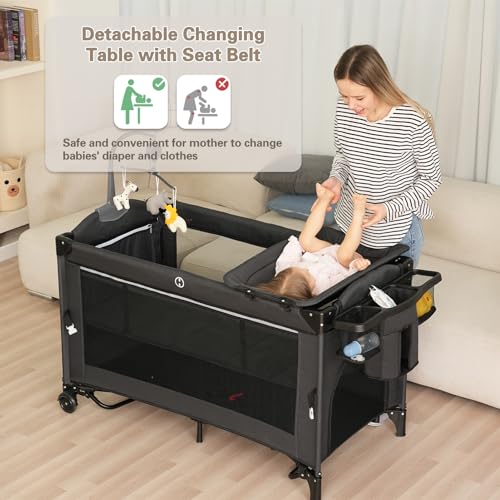 5 in 1 Baby Bassinet Bedside Sleeper, Pack and Play Bassinet , Bedside Sleeper for Newborn to Toddlers,Multifunction Portable Playard with Bassinet Crib,Soft Toys,Waterproof Sheet,Diaper Changer.