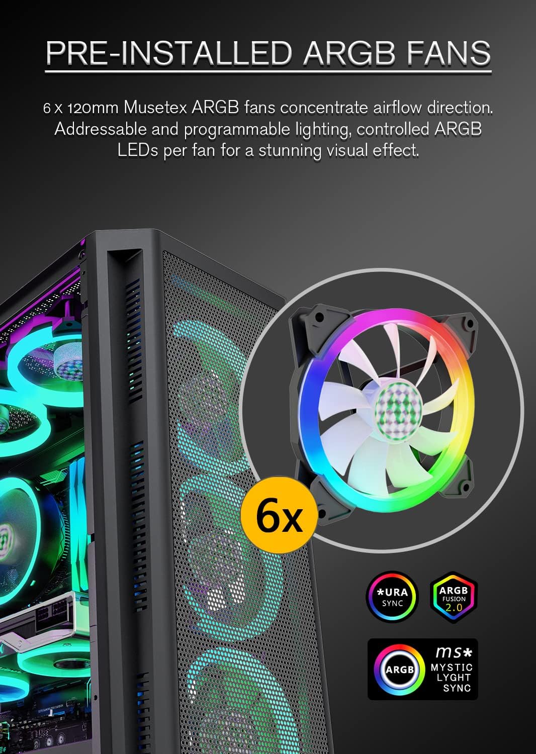 MUSETEX ATX PC Case with 6pcs 120mm ARGB Fans Bundle with CPU Fan & 650W Power Supply