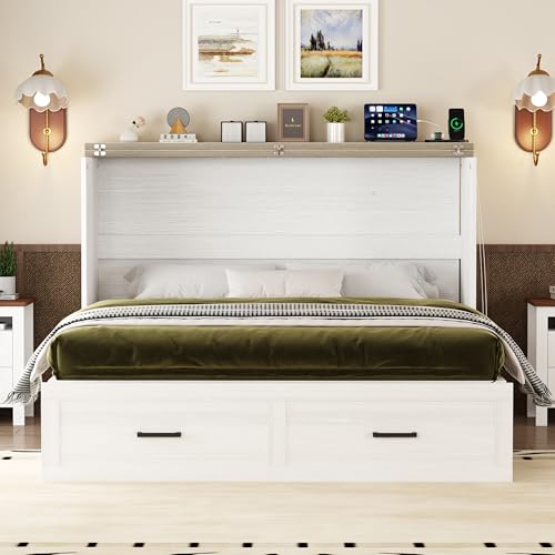 Wooden Murphy Cabinet Bed Frame with Charging Station, Full-Size Foldable Wall Bed with Large Storage Drawer for Home Apartment Limited Living Places, Space-Saving Hidden Bed No Box Spring Needed