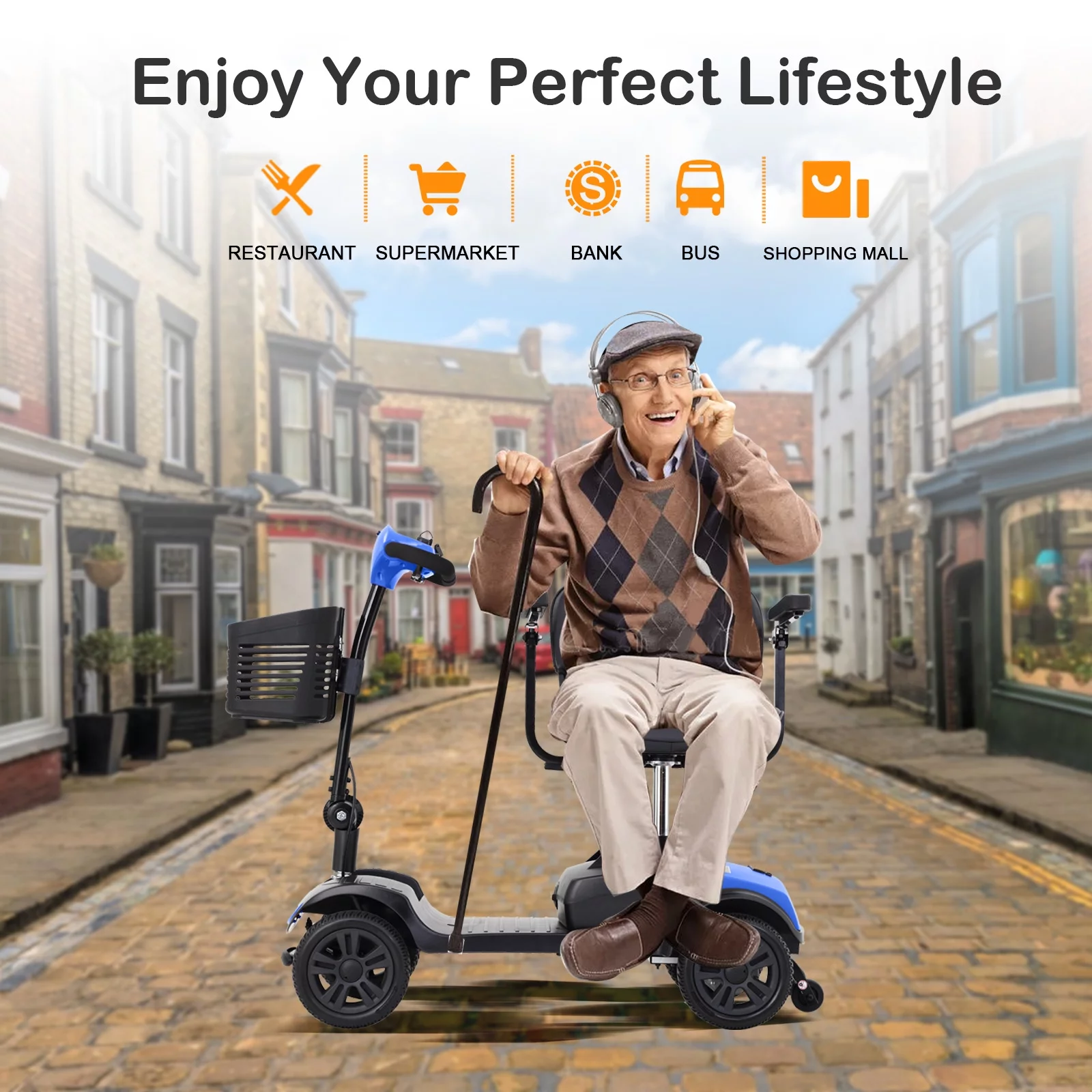 4 Wheels Folding Mobility Scooter for Seniors Adults with Baskets Blue