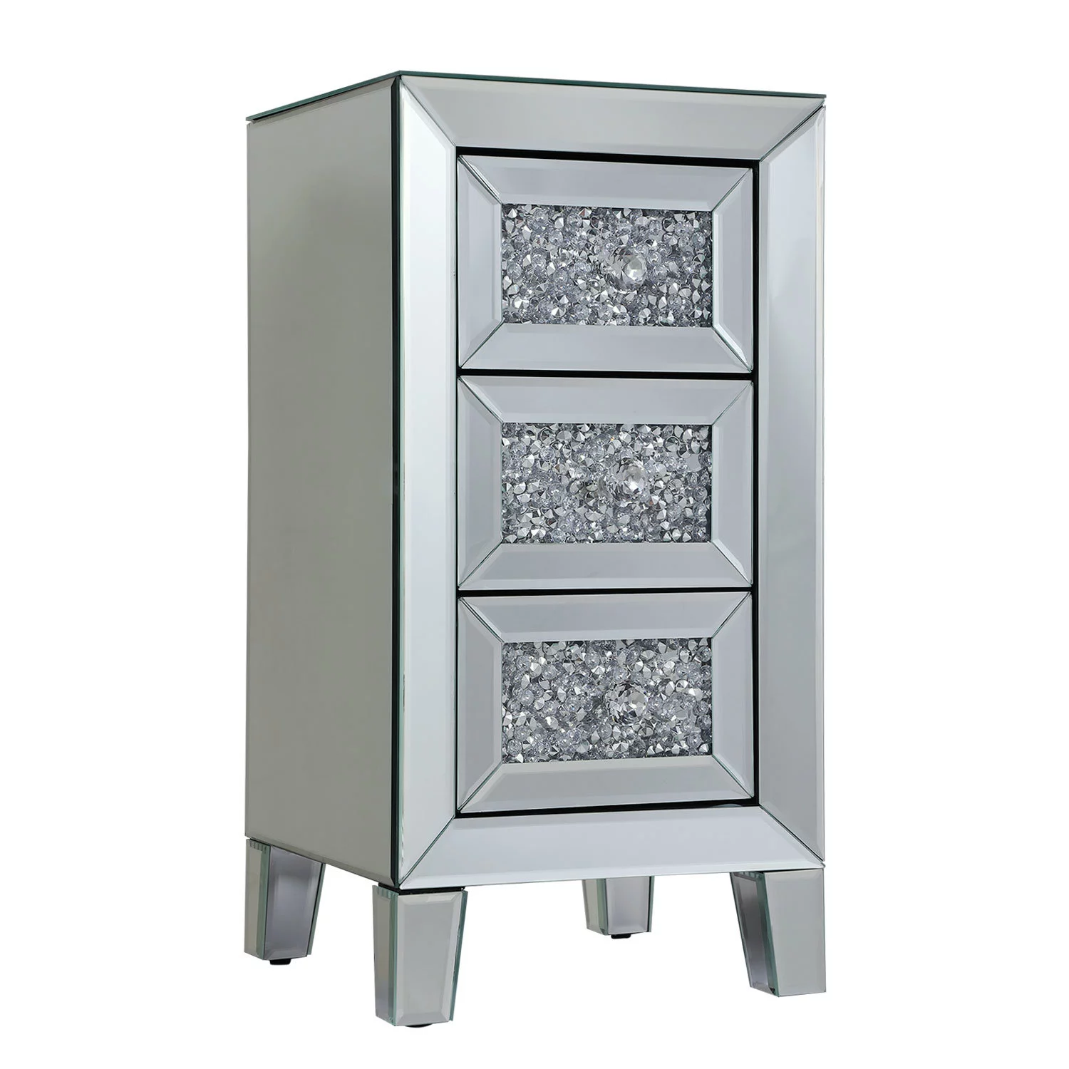 LANTRO JS Modern Mirrored Nightstand, Sofa Side Table with 3 Crystal Diamond Drawers, End Table for Bedroom Living Room Furniture