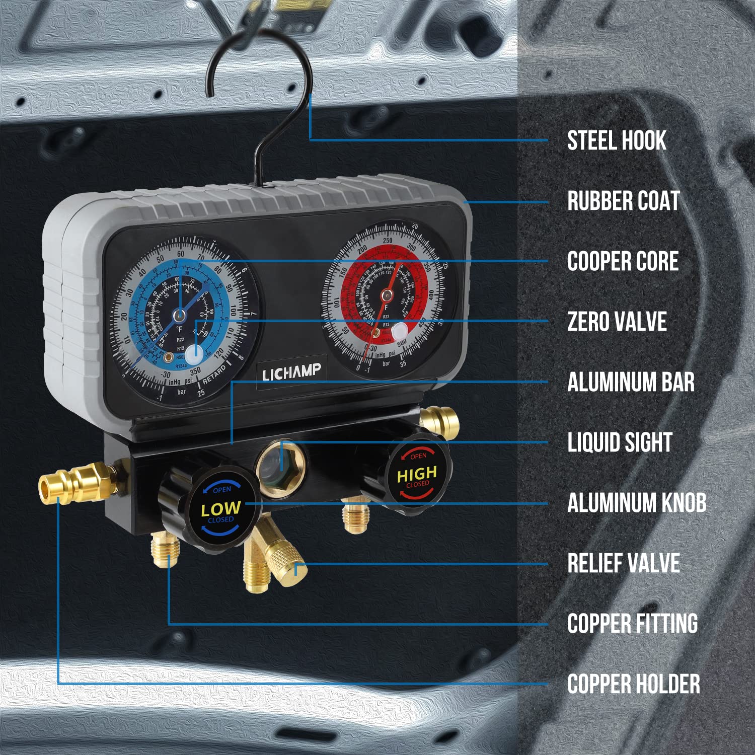 Lichamp R134A AC Gauge Set, Diagnostic Manifold Gauge Compatible with R134A R12 R22 R502 Refrigerants, Works on Freon Charging and Evacuation Pack of 2