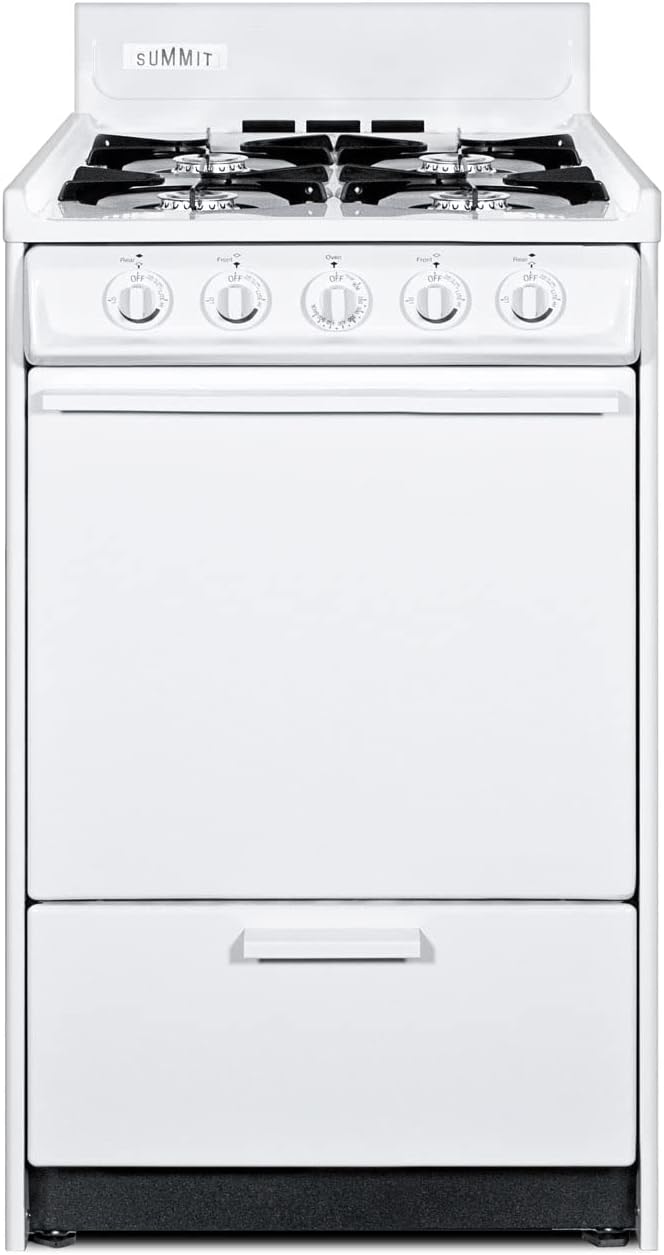 Summit Appliance WLM110P 20" Wide Propane Gas Range, White; Battery Start Ignition; 4 Open Burners; Broiler Compartment; Adjustable Oven Racks; Anti-Tip Bracket; Removable Oven Door And Range Top