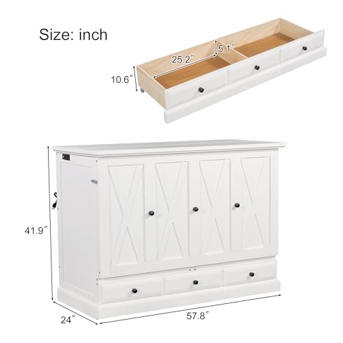 Harper & Bright Designs Queen Size Murphy Bed, Solid Pine Queen Murphy Frame Chest Cube Cabinet Bed with Charging Station and Large Storage Drawer for Home Office or Small Room, Gray