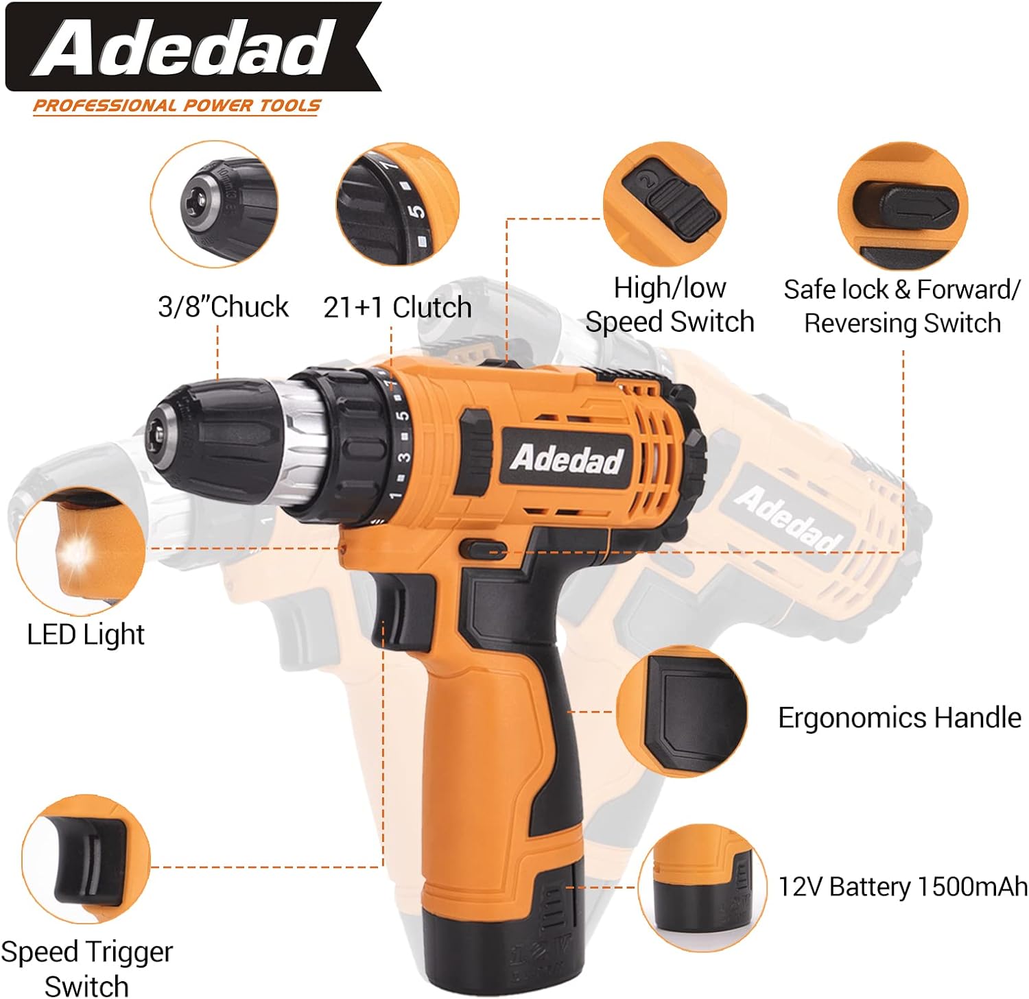 Adedad 12V Cordless Brushless Ratchet Wrench & Drill, 3/8" 40Ft-lbs Torque 400 RPM Ratchet Wrench & 21+1 Metal Drill with 2 Batteries Home Power Tool Set