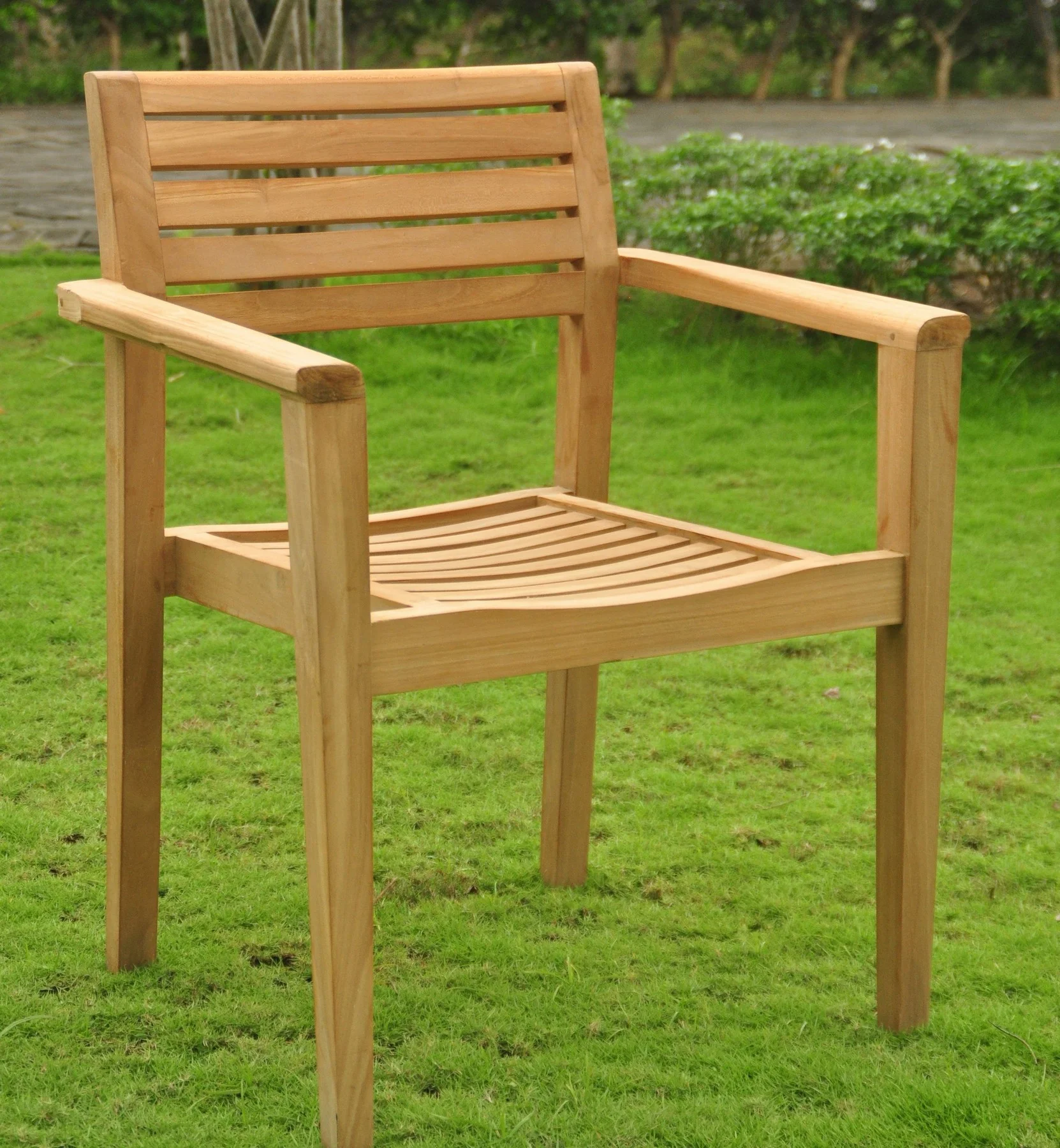 Teak Dining Set:6 Seater 7 Pc - 60" Round Table And 6 Montana Stacking Arm Chairs Outdoor Patio Grade-A Teak Wood WholesaleTeak #WMDSMT6