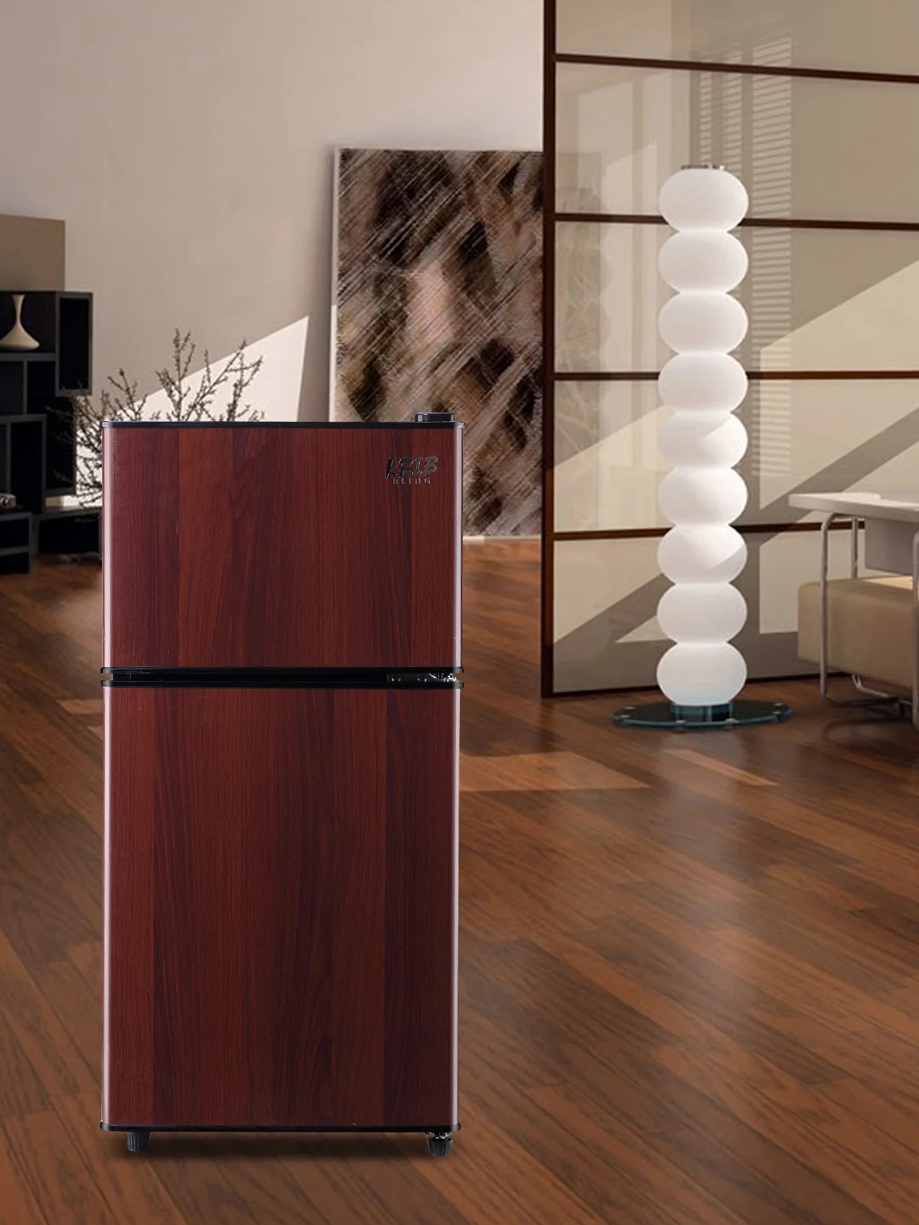 KRIB BLING 3.5 Cu.ft Mini Fridge with 7 Level Thermostat, Compact Refrigerator with Freezer on Top, Ideal for Dorm, Office, Brownwood