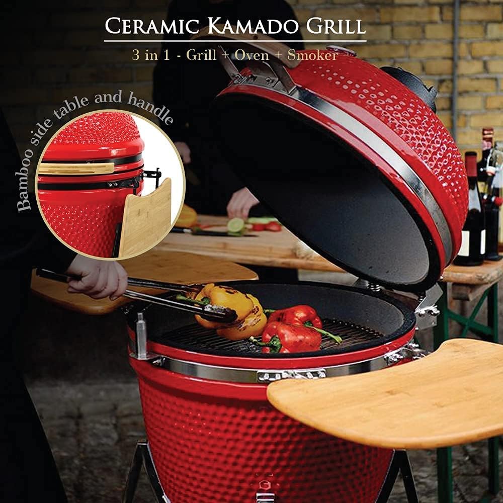 Humos - 21” Large Ceramic Kamado, Grill Cooker + Oven + Smoker (With Trolley, Wheels and Cast Iron Vent) Cooking Area 268 Sq Inches, Red