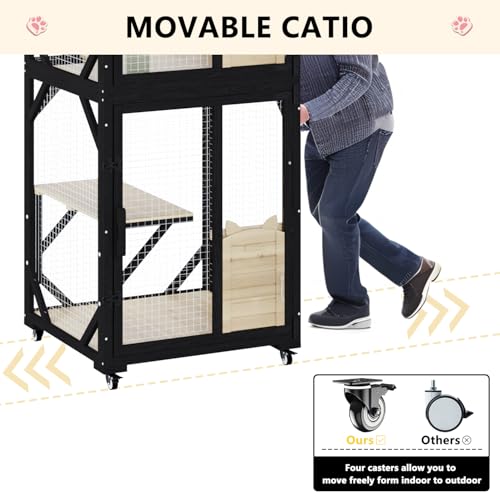 LEMBERI Cat House Outdoor Catio Cat Enclosures on Wheels, 71" Large Outside Patio Wooden Cat Cage Resting Box,Scratching Post, Waterproof Roof (Gray, 71")