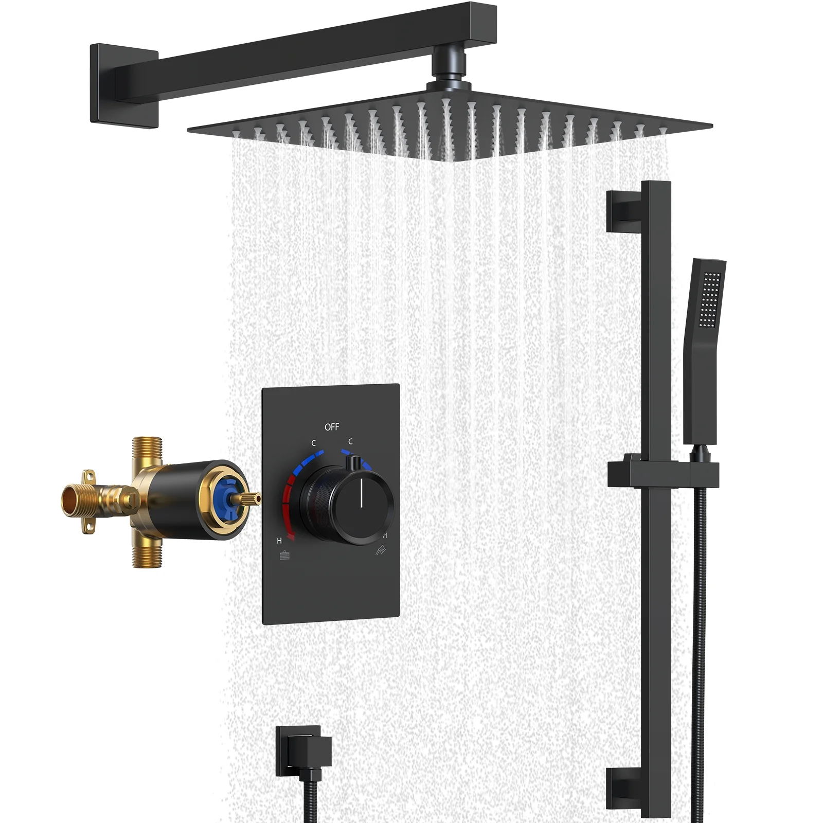 EVERSTEIN Bathroom Shower Faucet Set with Handheld, & Adjustable Slide Bar Wall Mount 10 in. Shower Head Shower System with Balanced Valve Trim Kit CEC 1.8 GPM For CA, Matte Black
