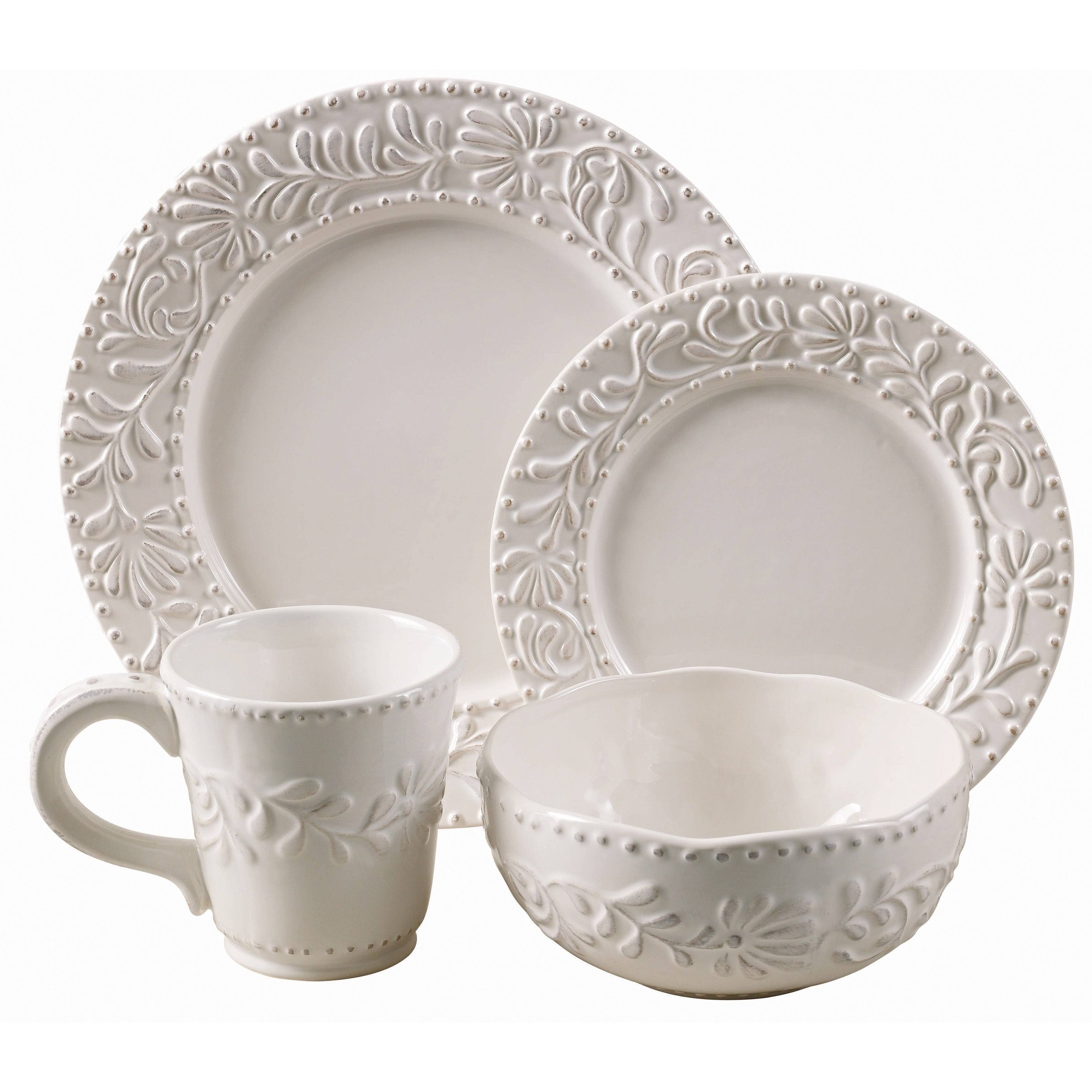 American Atelier 16 Piece Bianca Leaf Round Dinnerware Set, White