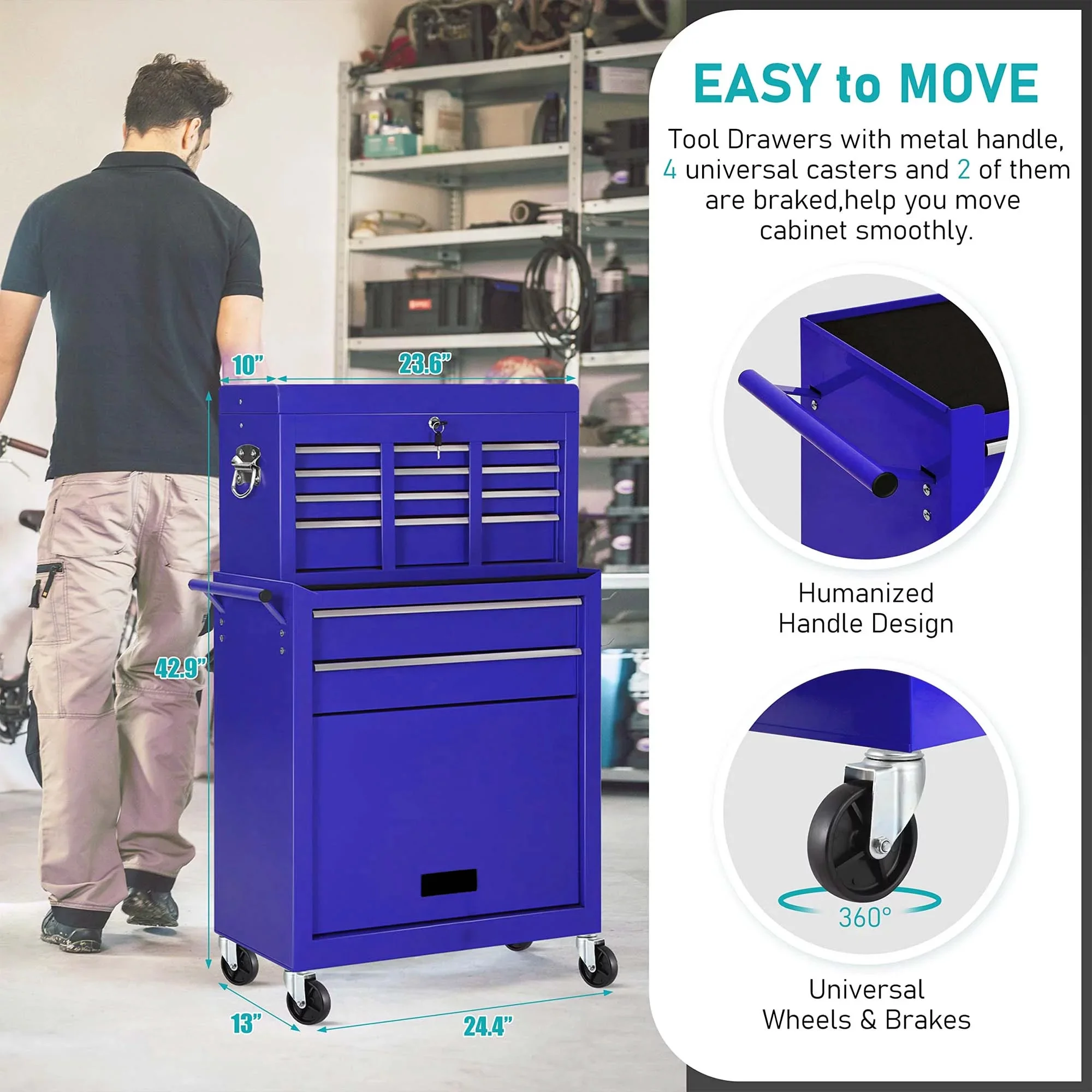 Aukfa Tool Chest, 2 in 1 Steel Rolling Tool Box & Cabinet On Wheels for Garage, 8-Drawer, Blue