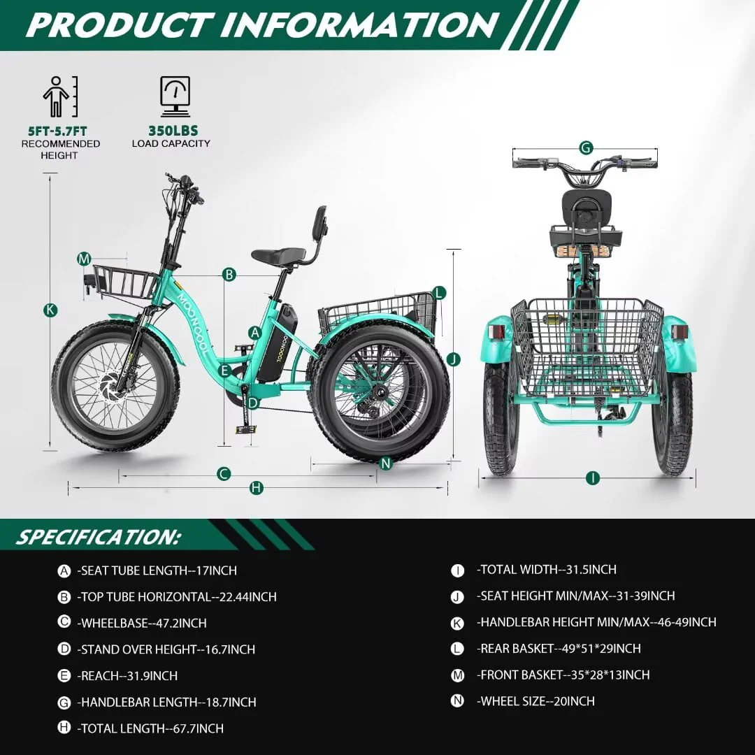NAIZEA 20 Electric Trike Tricycle for Adults, 7 Speed Fat Tire Electric Trike, 3 Wheels Bike for Adults with Front and Rear Baskets, Lithium Battery UL Certified
