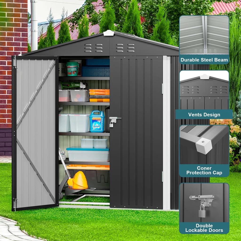Aiho 8' x 6' Shed, Outdoor Storage Shed with Metal Base Frame & Air Vent & Lockable Doors for Garden and Backyard - Gray - Curated Treasures Market