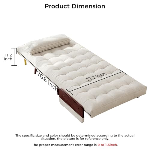 3-in-1 Convertible Chair Bed Sleeper for Adults, Linen Convertable Sleeper Chair with Wooden Arms & Pillows, Foldable Single Futon Sofa Bed (Mid Century with Walnut Arm, 36.6" Wide)
