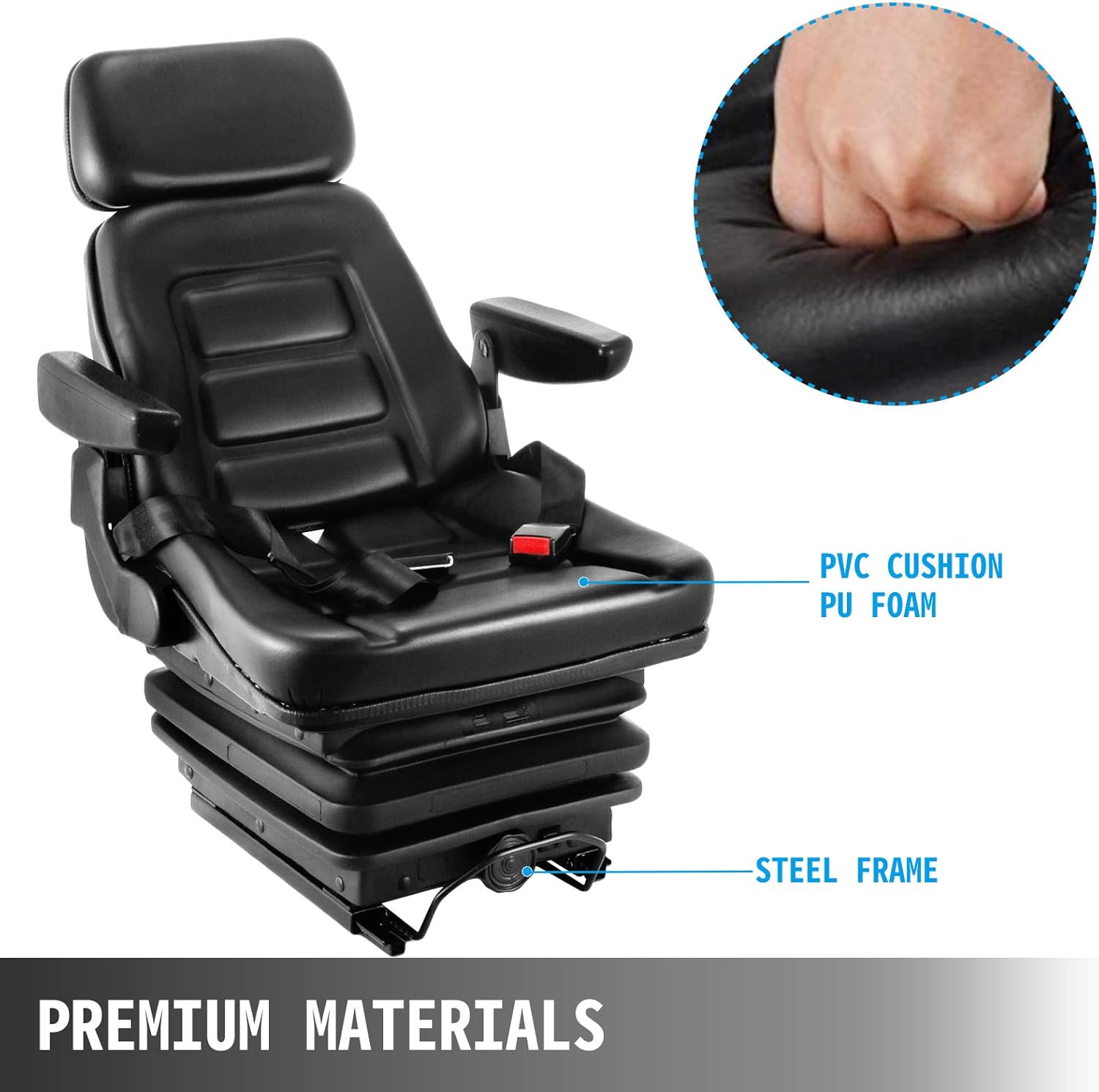 VEVOR Suspension Seat Adjustable Backrest Headrest Armrest, Forklift Seat With Slide Rails, Foldable Heavy Duty for Tractor Forklift Excavator Skid Steer