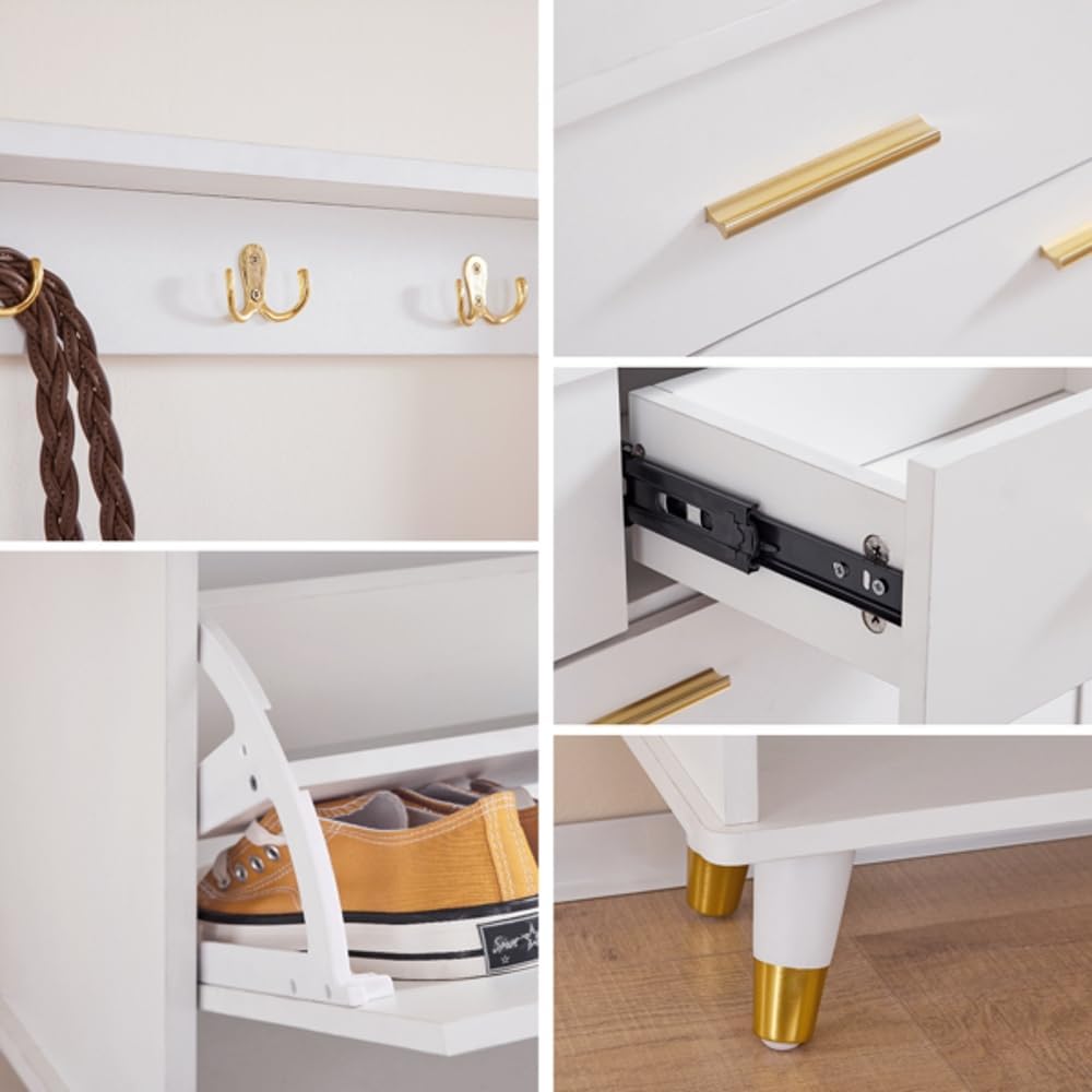 Hommoo Multi-Functional Entryway Armoire - Wardrobe Closet with Drawers, Shelves, and Shoe Storage, Elegant White Design