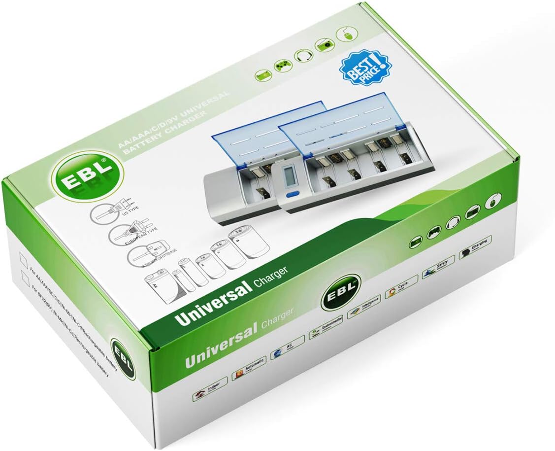EBL D Cells 10000mAh Rechargeable Batteries (4 Counts) with C D 9V AA AAA Battery Charger Pack of 2