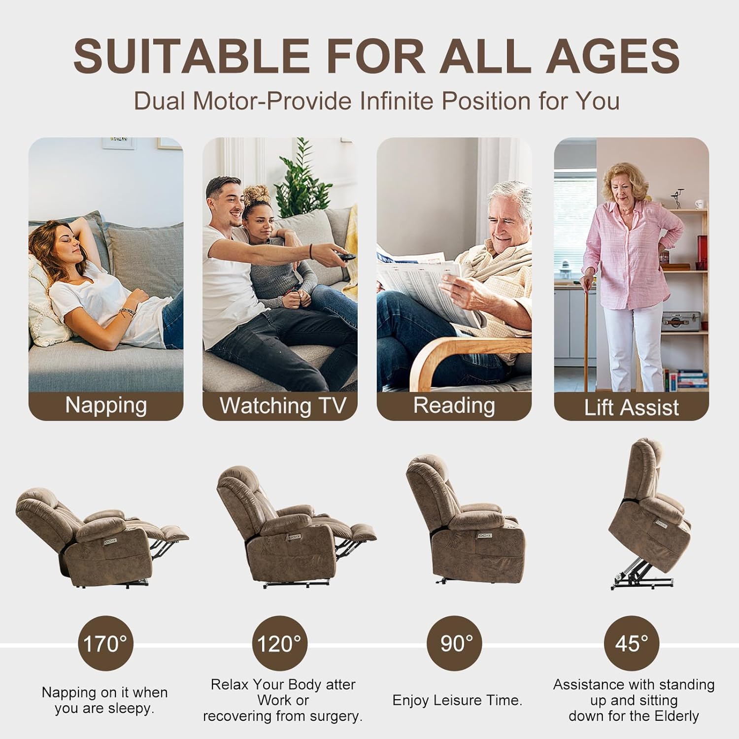 Extra Large Power Lift Chairs Recliners for Elderly with Heated and Massage, Overstuffed Lift Chairs, Breathable Leather, USB-A and USB-C, Cup Holder, Side Pocket, 1PC, Light Brown