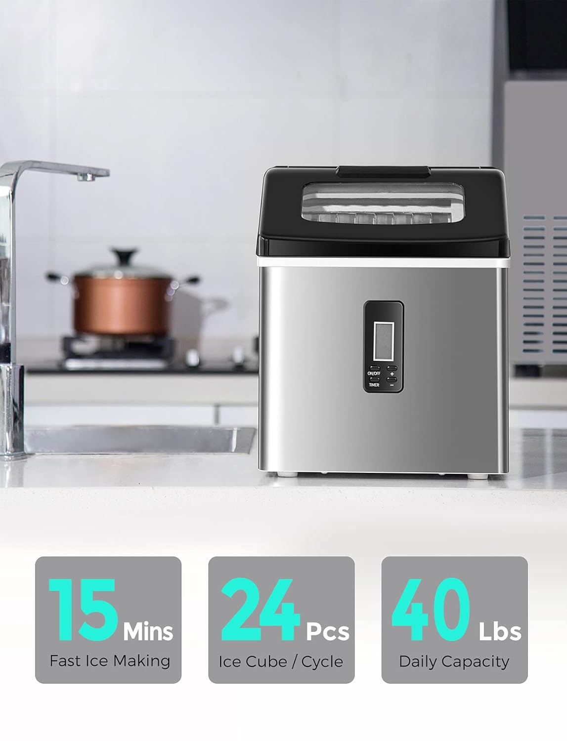 Ice Maker Countertop, 24 Cubes Ready in 15 Mins, 40lbs in 24Hrs,ice Machine with Ice Scoop for Home, Kitchen, Camping, RV, Bar