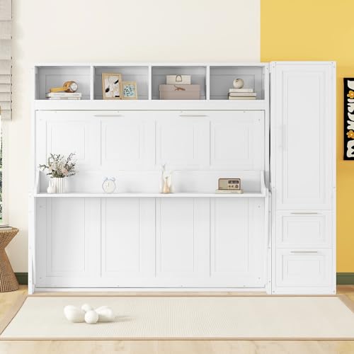 Merax, Gray Size Murphy Bed Wall, Queen+Closet+Drawers