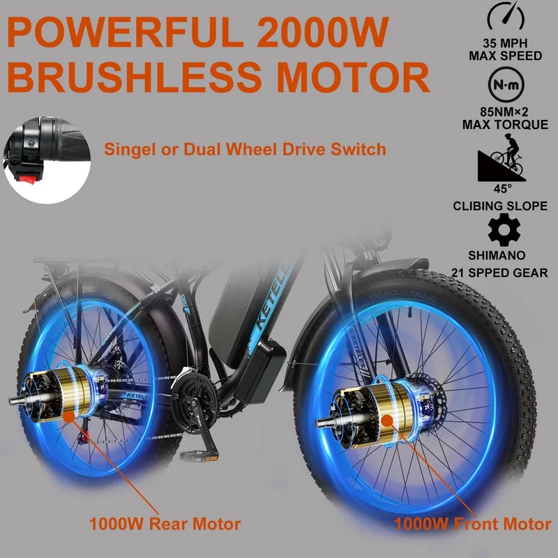 KETELES Electric Bike for Adults Ebike 2000W Adult E Bike Mountain Bicycle 48V 23AH Removable Battery 26" Fat Tire Commuter Electric Bike