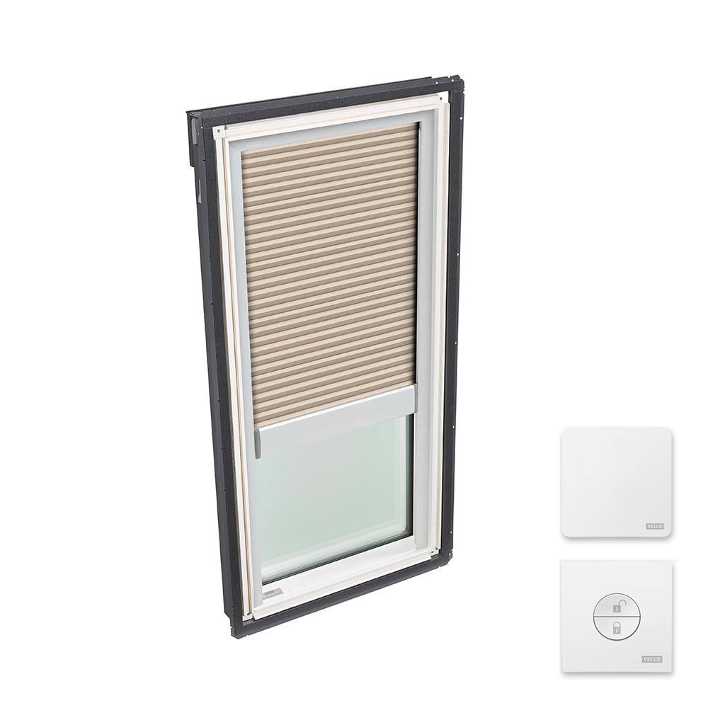 Velux 14-1/2 in. x 45-3/4 in. Fixed Deck Mount Skylight with Laminated Low-E3 Glass u0026 Beige Solar Powered Room Darkening Bli