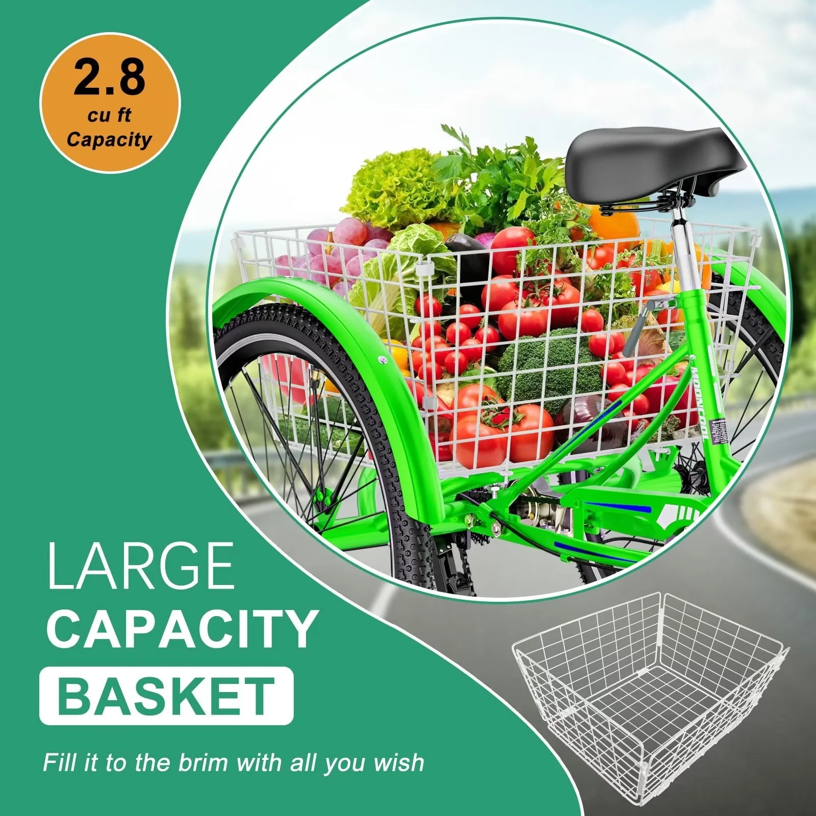 MOPHOTO Adult Tricycle for Seniors,Low Frame Three Wheel Bikes with Large Basket & Bell (Cyan, 26inch /7-Speed), 3 Wheel Cargo Bicycle,Safe and Durable Trike