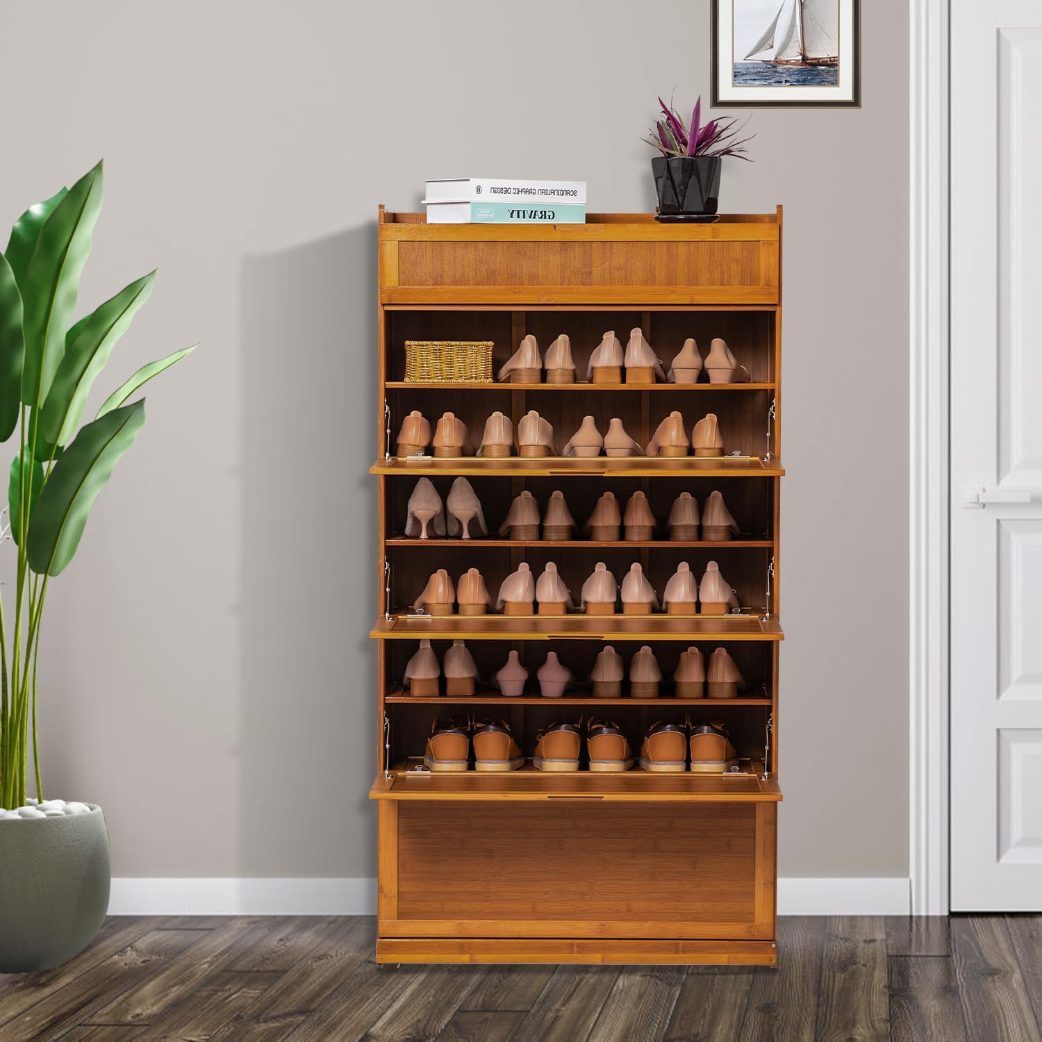 Magshion Bamboo Shoe Organizer Modern Cabinet with Pull-Down Door, 9-Tier Freestanding Shoe Storage for Entryway, Freestanding Shoe Cabinet Organizer for Convenient Shoe Organization (Brown)