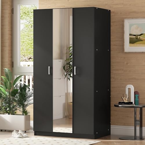 Modern Wardrobe with 3-Door and Storage Drawer, Wooden Armoire with Hanging Rod and 3 Fixed Shelves for Bedrooms Apartment (White-3F)