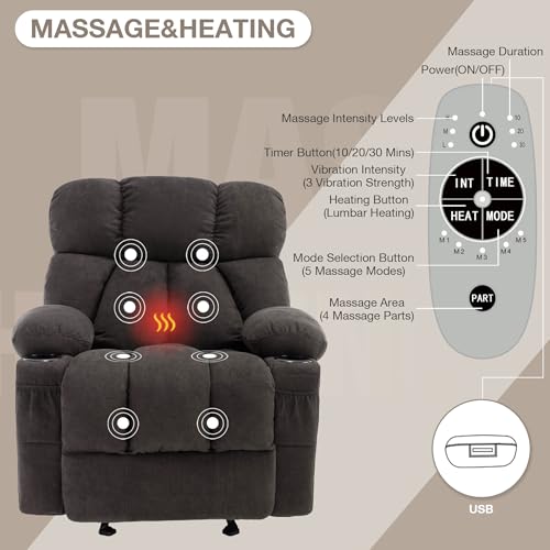 Massage Rocker Recliner Chair with Heat and Vibration Ergonomic Rocking Lounge Chair for Living Room Comfy Overstuffed Recliner with 4 Side Pockets,2 Cup Holders, USB Charge Port, Grey