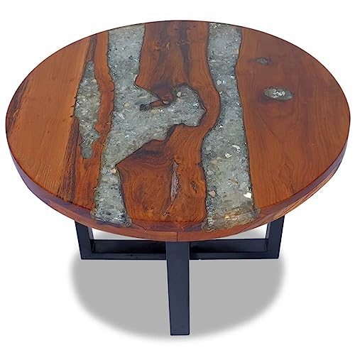 Coffee Table Teak Resin 23.6",Round Coffee Table with Resin Decoration, Rustic Teak & Mango Wood Table for Living Room or Bedroom