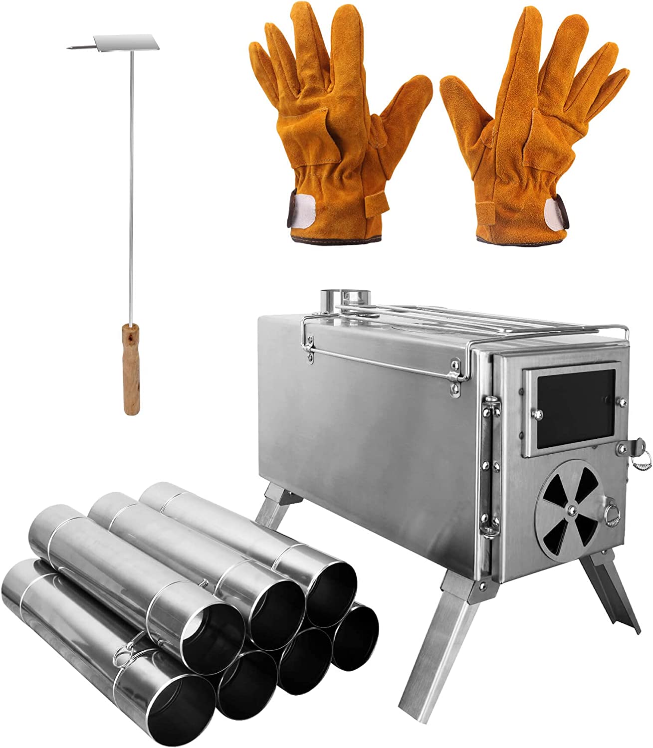 Camping Stove for Hot Tents, QCAI 304 Stainless Steel Wood Burning Stove with Stainless Wall Chimney Pipes for Tents, Shelter, Outdoor Portable Stove for Camping Heating and Cooking