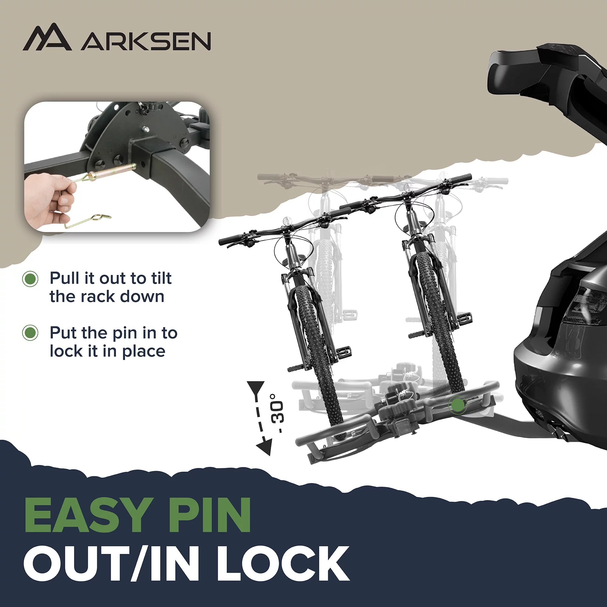 Arksen 2" Hitch Mounted Rack Smart Tilting 2-Bike Platform Style Carrier for Standard, Fat Tire, and Electric Bicycles -150 lbs Heavy Weight Capacity