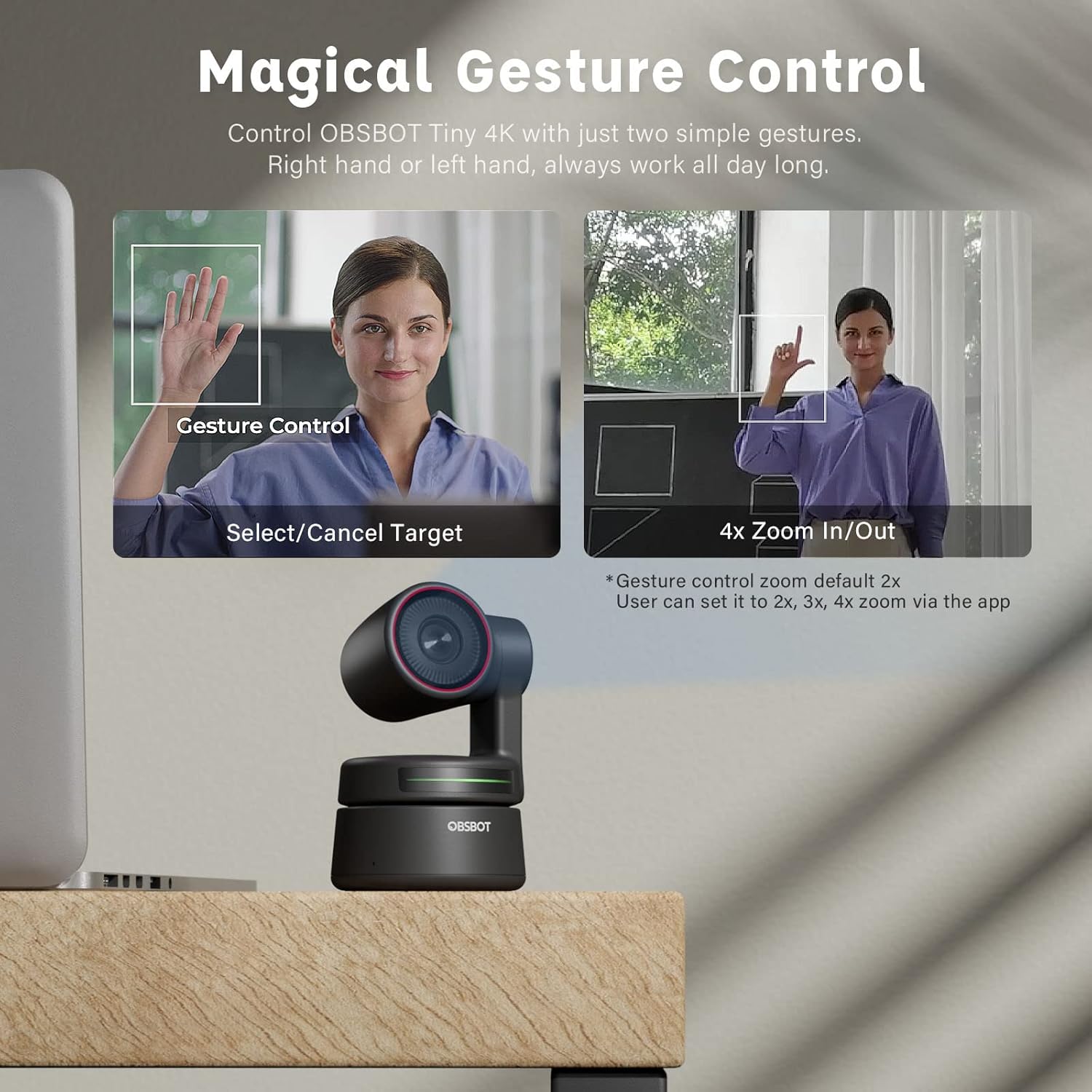 Obsbot Tiny 4K PTZ Webcam, AI-Powered AI-Tracking Auto-Framing Gesture Control HDR 4K Webcam with Dual Omni-Directional Mic 4X Zoom in/Out for Video Meeting Remote Class Live Streaming