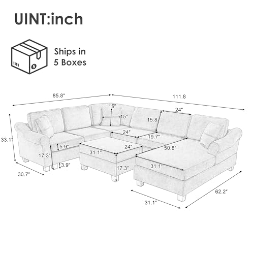 Oversized U-Shaped Sectional Sofa Couch Plush Corduroy Upholstered Modular Deep Seat Sofa&Couch Sectional W/Right Facing Chaise Lounge and 7 Toss Pillows for Home Apartment Living Room Furniture Sets
