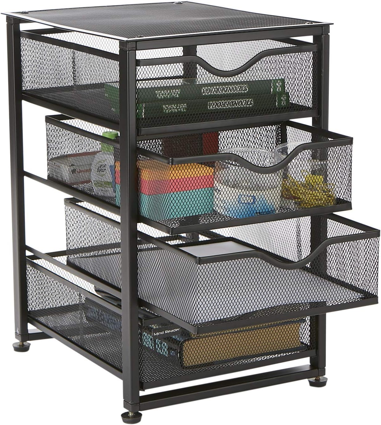 Mind Reader 4-Tiered Drawers Cabinet, Rolling Mesh Office Cart, Metal Storage, Drawers, File Storage Cart, Utility Cart, Office Storage, Heavy Duty Multi-Purpose Cart, Black