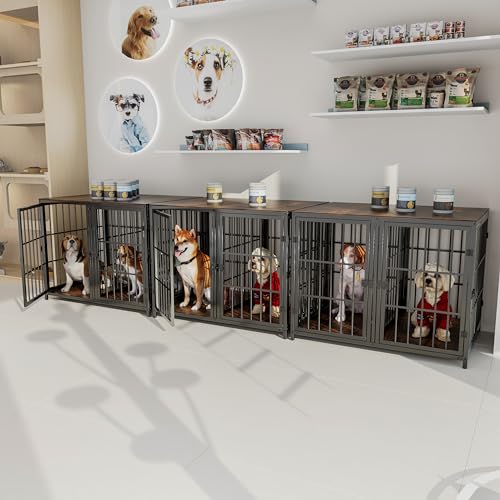 Heavy Duty Dog Crate Furniture: 84inch Wooden Dog Crates End Table Kennel with Three Doors and Removable Tray - Extra Large Puppy Indoor Training Playpen House Decorative Side Table Cage Rustic Brown